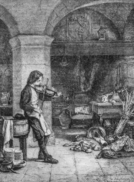 Ребенок играет на скрипке, живописный журнал м-ра Эдуарда Чартона 1870 г.