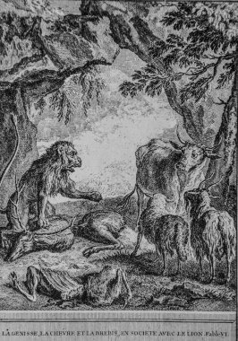 İnek, keçi ve toplumdaki koyunlar, aslanla birlikte, fars de la fontaine, yayıncı Talan, dier 1904, J.B.oudry 'nin çizimi.