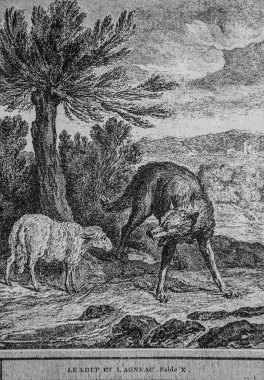 Kurt ve kuzu, Masallar de la Fontaine, Talan Yayımcısı, Ölüm 1904, Çizim J.B.oudry