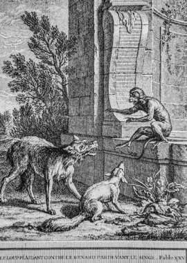 Le loup plaidant contre le renard, fabllar de la fontaine, editör talan, dier 1904, dessin de j.b.oudry
