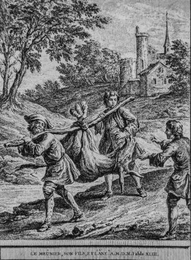 Meunier oğlu ve Ane, Fables de la Fontaine, yayıncı Talan, Dier 1904, J.B.oudry 'nin çizimi.