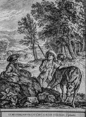 Meunier oğlu ve Ane, Fables de la Fontaine, yayıncı Talan, Dier 1904, J.B.oudry 'nin çizimi.