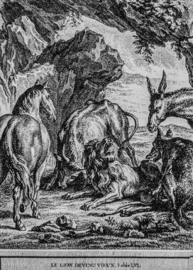 Yaşlanan aslan, Fables de la Fontaine, yayıncı Talan, Dier 1904, J.B.oudry 'nin çizimi.