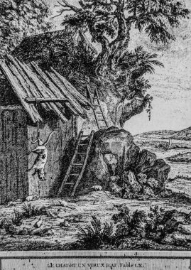 Kedi ve yaşlı sıçan, Fables de la Fontaine, yayıncı Talan, Dier 1904, J.B.oudry 'nin çizimi.