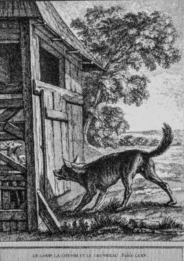 Le Chevre ve Le Chevreau Wolf, Fables de la Fontaine, Talan Publisher, Dier 1904, Çizim: J.B.oudry