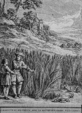 Tarla kuşu ve yavrusu, alanın efendisi ile birlikte, Masallar de la Fontaine, yayıncı Talan, Dier 1904, J.B.oudry 'nin çizimi