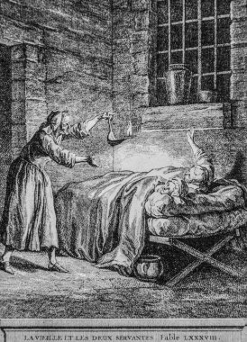 Yaşlı ve iki hizmetkar, Masallar de la Fontaine, Yayımcı Talan, Ölüm 1904, J.B.oudry çizimi