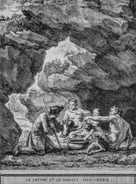 Satir ve yoldan geçen, Fables de la Fontaine, yayıncı Talan, Dier 1904, J.B.oudry 'nin çizimi.