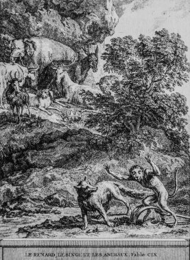 Tilki, maymun ve hayvanlar, Masallar de la fontaine, Yayımcı Talan, dier 1904, J.B.oudry çizimi