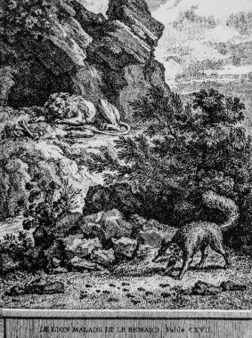 Hasta aslan ve tilki, Masallar de la Fontaine, Yayımcı Talan, Dier 1904, J.B.oudry 'nin çizimi