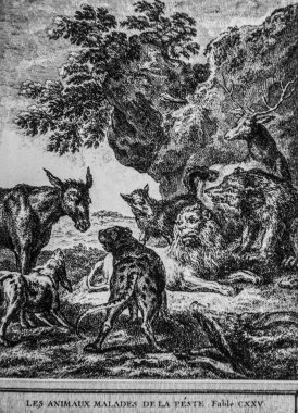 Vebanın hasta hayvanları, Fables de la Fontaine, yayıncı Talan, Dier 1904, J.B.oudry 'nin çizimleri.