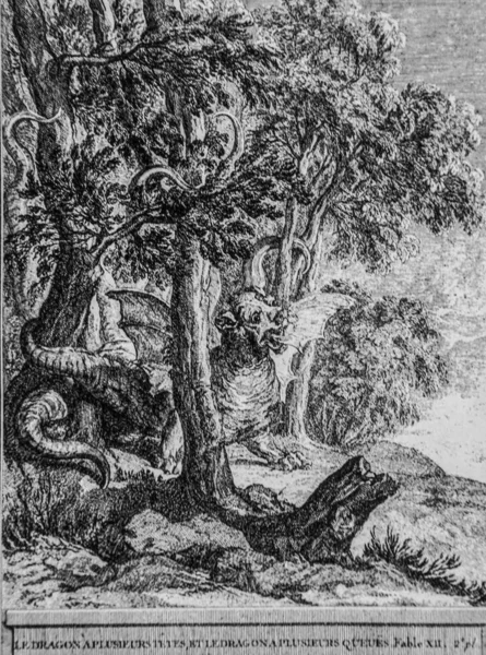 Ejderhanın birçok kafası vardır, Masallar de la Fontaine, yayıncı Talan, Dier 1904, J.B.oudry tarafından çizilmiştir.