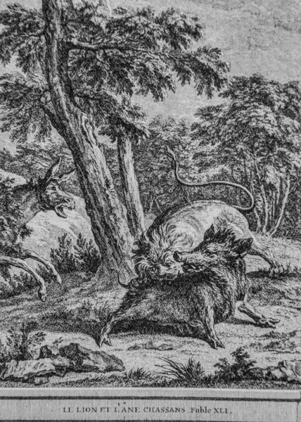 Aslan ve Sevgili, Masallar de la Fontaine, Yayımcı Talan, dier 1904, çizim J.B.oudry