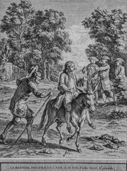 Meunier oğlu ve Ane, Fables de la Fontaine, yayıncı Talan, Dier 1904, J.B.oudry 'nin çizimi.