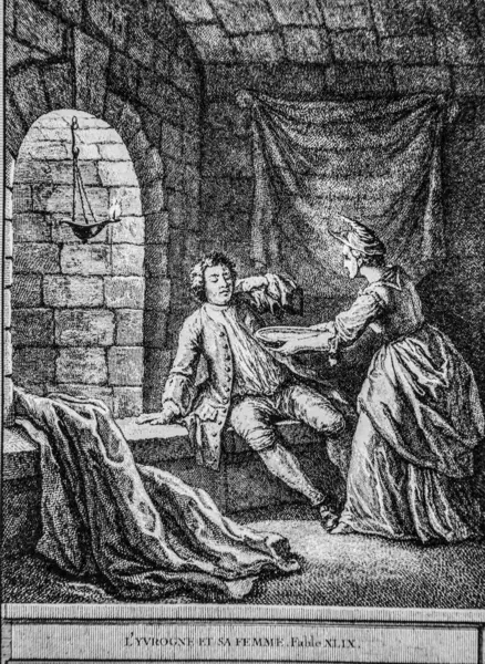 Sarhoş ve karısı, Masallar de la Fontaine, Talan editörü, Dier 1904, J.B.oudry 'nin çizimi.