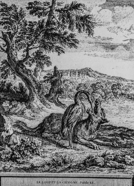 Kurt ve leylek, Masallar de la Fontaine, Yayımcı Talan, Dier 1904, J.B.oudry çizimi