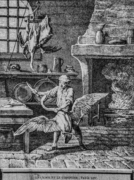Kuğu ve aşçı, Fables de la Fontaine, editör Talan, Dier 1904, J.B.oudry çizimi