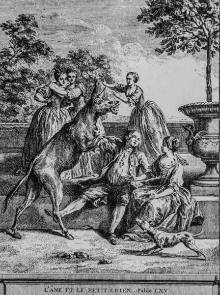 Ane ve küçük köpek, Fables de la Fontaine, Talan Publisher, Dier 1904, Çizim J.B.oudry