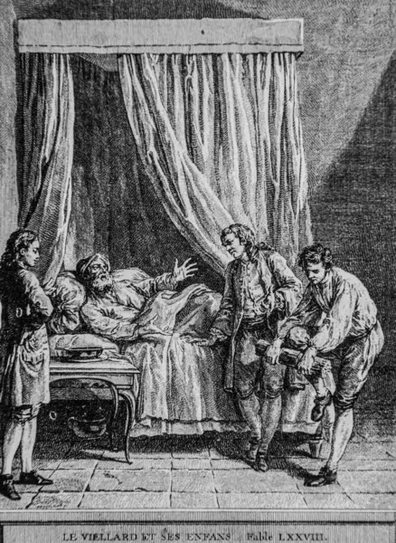 Yaşlı adam ve çocukları, de la Fontaine masalları, yayıncı Talan, Dier 1904, J.B.oudry 'nin çizimi.
