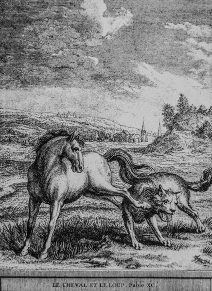 At ve kurt, Masallar de la Fontaine, Talan Yayımcısı, Ölüm 1904, Çizim J.B.oudry