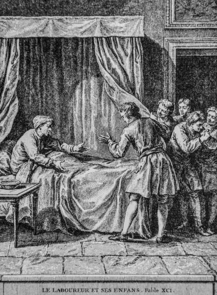 Çiftçi ve çocukları, Masallar de la Fontaine, Yayımcı Talan, Dier 1904, J.B.oudry 'nin çizimi