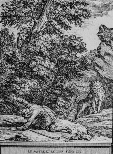 The Patre and the Lion, Fables de la Fontaine, Publisher Talan, Dier 1904, Drawing by J.B.oudry