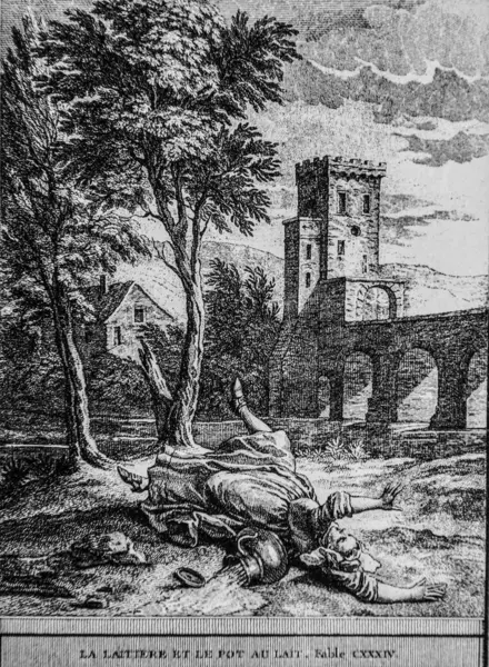 Laitiere ve süt kavanozu, Fables de la Fontaine, Talan Yayımcısı, Dier 1904, Çizim: J.B.oudry