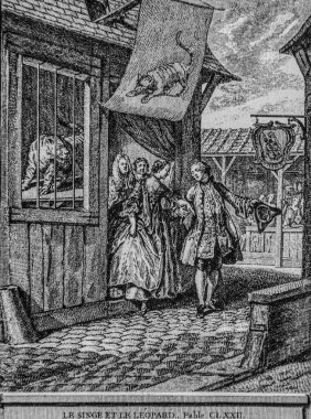 Maymun ve leopar, Masallar de la Fontaine, Yayımcı Talan, Dier 1904, J.B.oudry çizimi