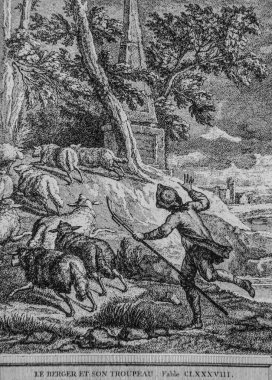 Çoban ve sürüsü, Fables de la Fontaine, Talan editörü, Dier 1904, çizim J.B.oudry