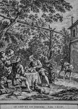 Kurt ve çobanlar, La Fontaine masalları, Talan editörü, Dier 1904, J.B.oudry 'nin çizimi.
