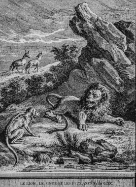 Aslan, maymun ve iki anes, Masallar de la fontaine, Editör Talan, dier 1904, J.B.oudry çizimi