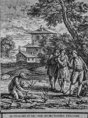 Yaşlı adam ve üç genç adam, Fables de la Fontaine, yayıncı Talan, Dier 1904, J.B.oudry 'nin çizimi.