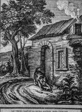 Yaşlı kedi ve genç fare, Masallar de la Fontaine, Yayımcı Talan, Dier 1904, J.B.oudry 'nin çizimi