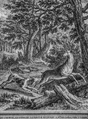 Karga, ceylan, kaplumbağa ve sıçan. Masallar de la fontaine. Yayımcı Talan, dier 1904.