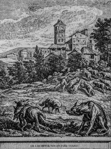 Kurt ve tilki, Fables de la Fontaine, Talan Yayımcı, Dier 1904, Çizim J.B.oudry