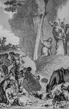 Moise suyu bir kayadan, eski bir iradeden, Sacy Ustası 'nın İncil' inden, Yayımcı Guiraudet 'den ve Jouaust 1836' dan getiriyor.