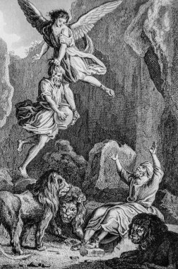 Daniel aslanların çukuruna, eski irade, Sacy 'nin ustası, Yayımcı Guiraudet ve Jouaust 1836' nın İncil 'ini atıyor.