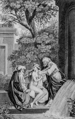 İki yaşlı insan Suzanne 'i, Antik Ahit' i, Maistre de Sacy 'nin İncil' ini, Yayımcı Guiraudet 'i ve Jouaust 1836' yı dener.