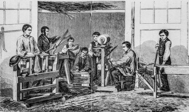 Saman dokuma atölyesi. 1888 Hatier Baskısı, Turgan 'ın büyük fabrikaları Vichy' nin termal kuruluşu.