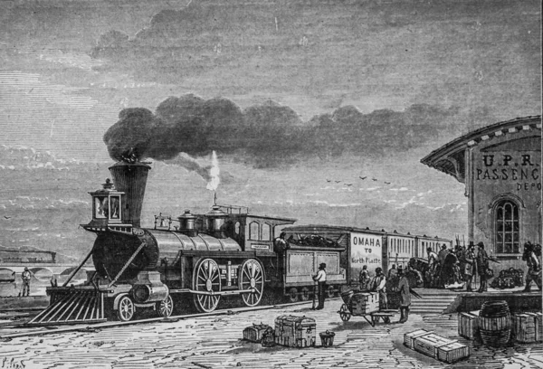 stock image Omaha Station of Department of the Pacique railway, the major works of the century by Dumont, Hachette Edition 1895