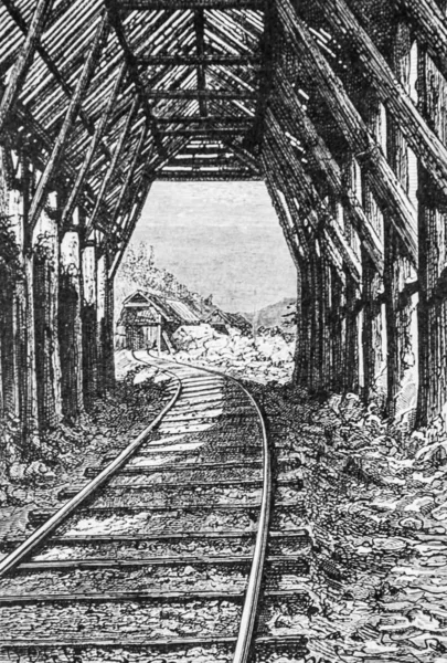 Dumont 'un yüzyılın başlıca eserleri olan Sierra Nevada' daki merkez Pasifik demiryolundaki kara karşı sığınakların iç görünümü, Basım Hachette 1895