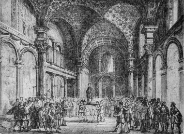 Julien, Henri Martin 'in Frrance' ın popüler tarihi olan Palais des Thermes 'deki bir kalkanda yükseldi.