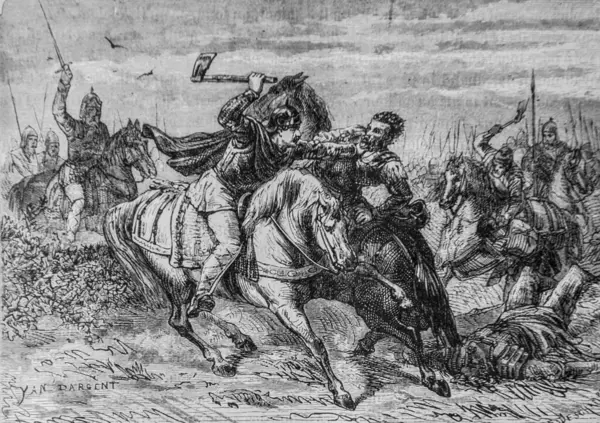 stock image Clovis killing Alaris at the battle of Voulon 477-511, popular history of frrance by Henri Martin, editor Furne 1860