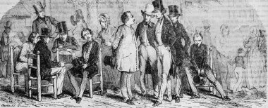 Eyaletin dramatik sanatçıları Paris 'in Edmond Texier, Publisher Paulin ve Le Chavalier 1853 tarihli masasında bir taahhüt bekliyor.