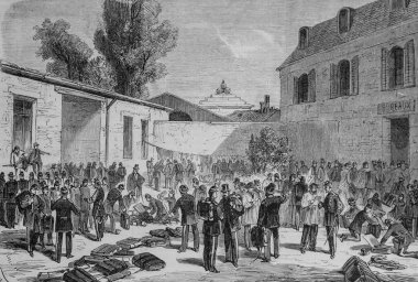 Askeri teçhizat dağıtımı Hotel des Invalides 'de seyyar muhafızlara, meşhur evren, editör Michel Levy 1870