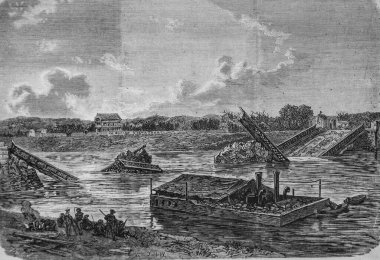 Paris karargahı, Billancourt Köprüsü 'nün önündeki yüzen bataryalar, ünlü evren, editör Michel Levy 1870