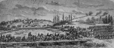Paris 'in merkezi, Marne' den Joinville 'e geçiş General Ducrot' un emriyle Fransız ordusunun köprüsü, Ünlü Evren, Yayımcı Michel Levy 1870