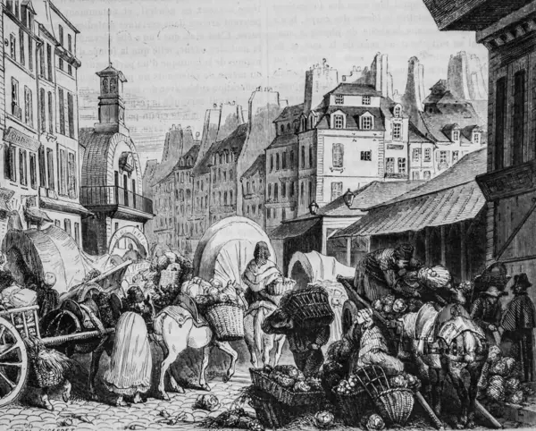Arrival from the market gardeners to the tile of the Halles, the picturesque store, Editor Edouard Charton, 1860