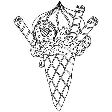 Yetişkinler ve çocuklar için boyama kitabı için vektör dondurma. Siyah çizgi dondurma boyama sayfası.