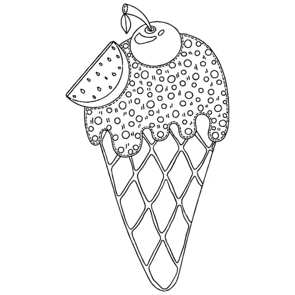 Векторное Мороженое Раскраски Взрослых Детей Черная Линия Раскраски Мороженого — стоковый вектор